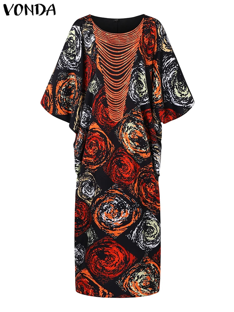 Plus Size VONDA Women Foral Printing Bohemian Maxi Dress 2025 Causal Puff Sleeve Sundress Holiday Eelgant Vestido NO Tassel