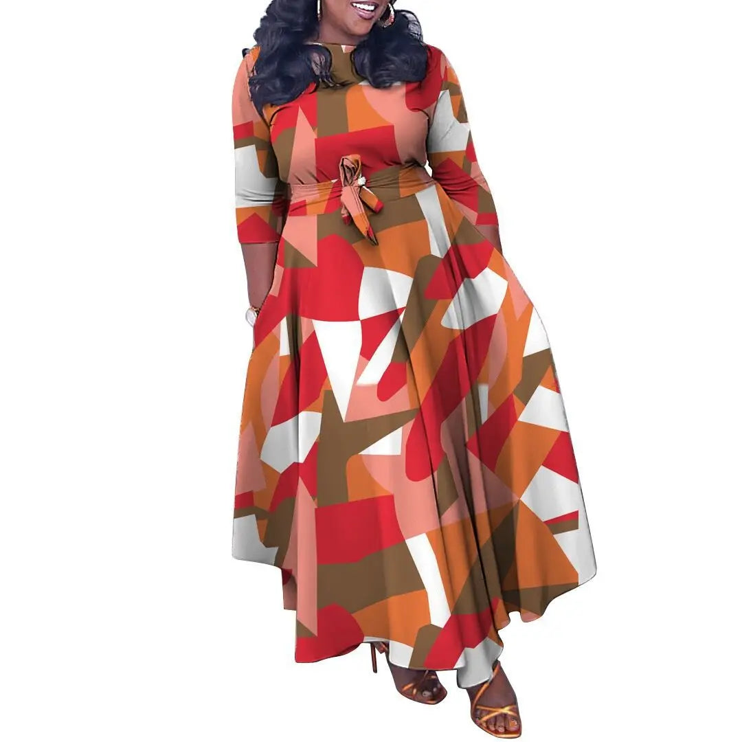 Women's 2024 Autumn New Style Fashionable Elegant Temperament Fashionable Printed Strap Waist Large Skirt Large Size Dress