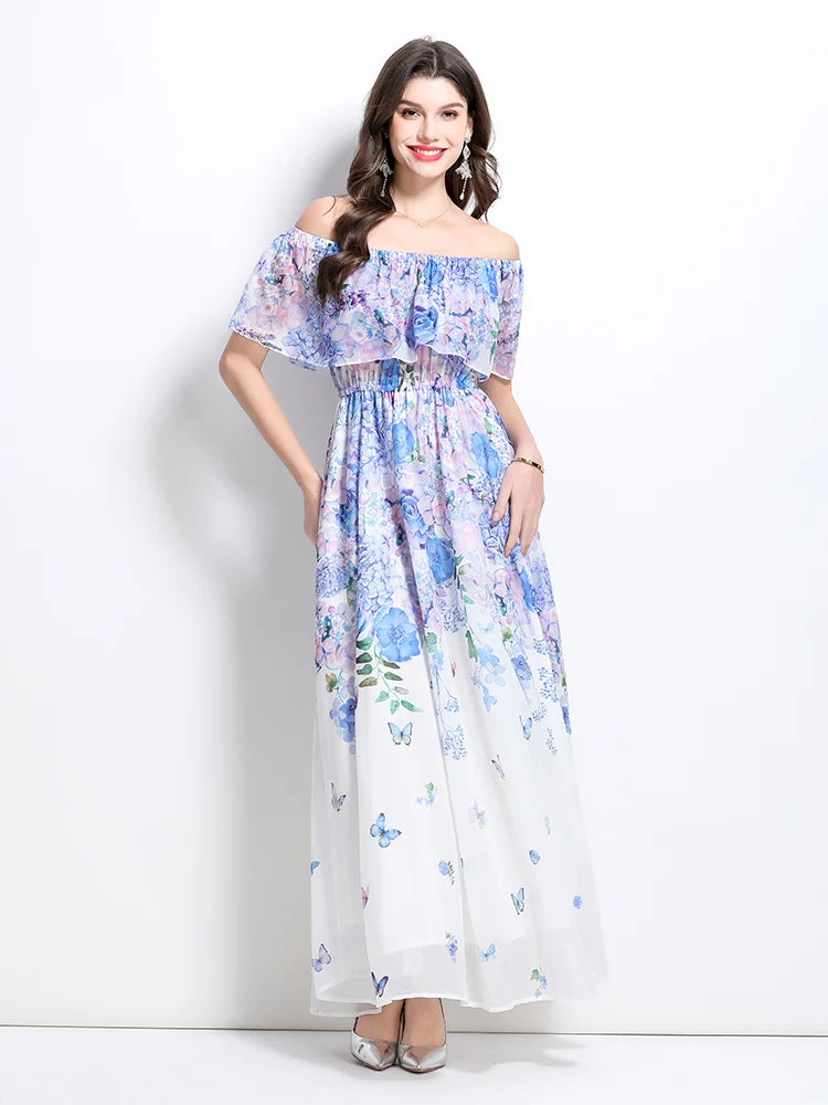 Summer French Floral Chiffon Dress Women Off Shoulder Slim High Quality Sheer Elastic Spring Vacation Print Ruffles Long Dresses