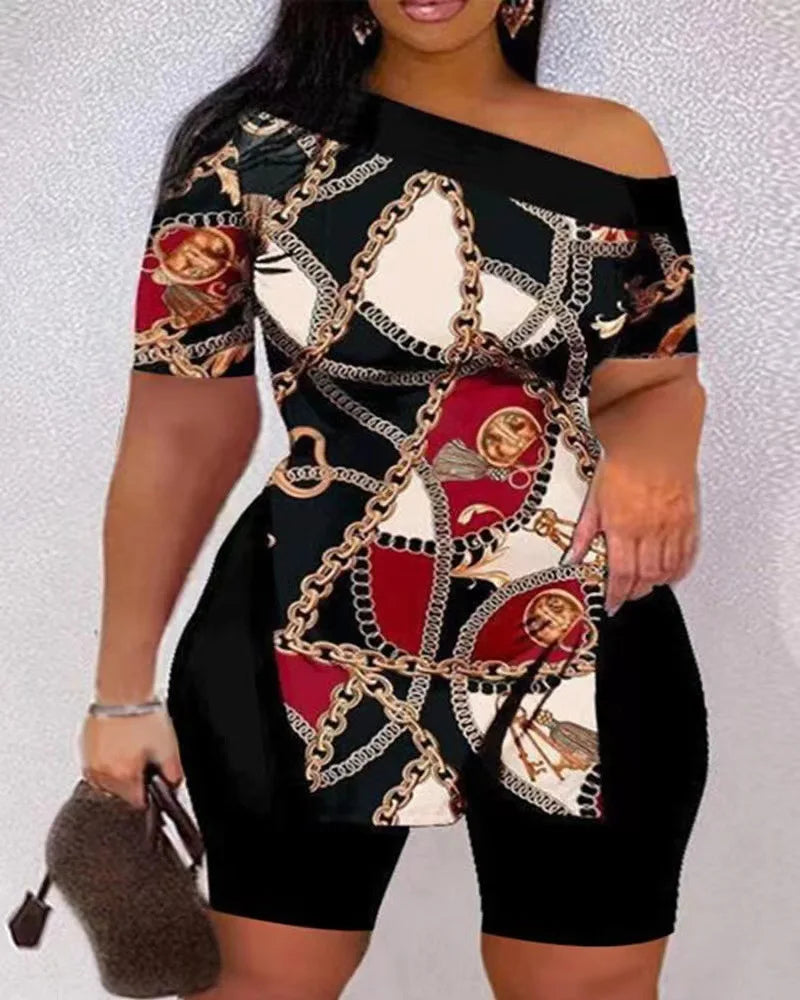 Print Two Piece Shorts Sets Women Skew Collar Short Sleeve Shirts Side Split Tops Pullover Elastic Waist Trousers Summer 2023