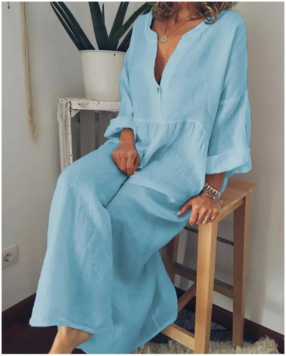 New in Spring Elegant Long Dresses for Women Long Sleeved V-neck Fashion Summer Dresses 2024 Loose Retro Female Clothing Robe
