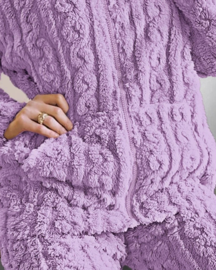 Thickened Warm 2Pcs Pajamas Set Jacquard Textured Stand Collar Zip Up Fuzzy Teddy Top & Pants Set Striped Nightwear Loungewear