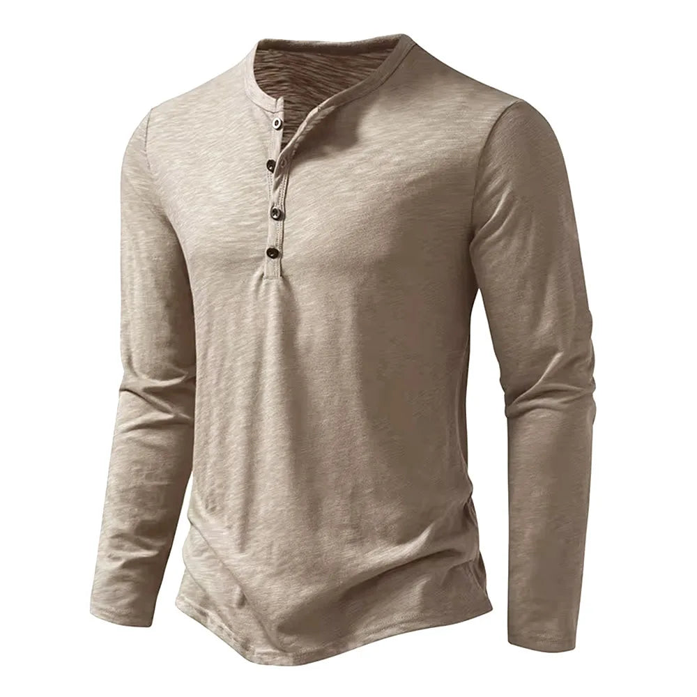 Autumn New Men's Cotton Button Long Sleeve Henley Neck T-Shirt Casual Solid Color Breathable Versatile Fashion Slim T-Shirts