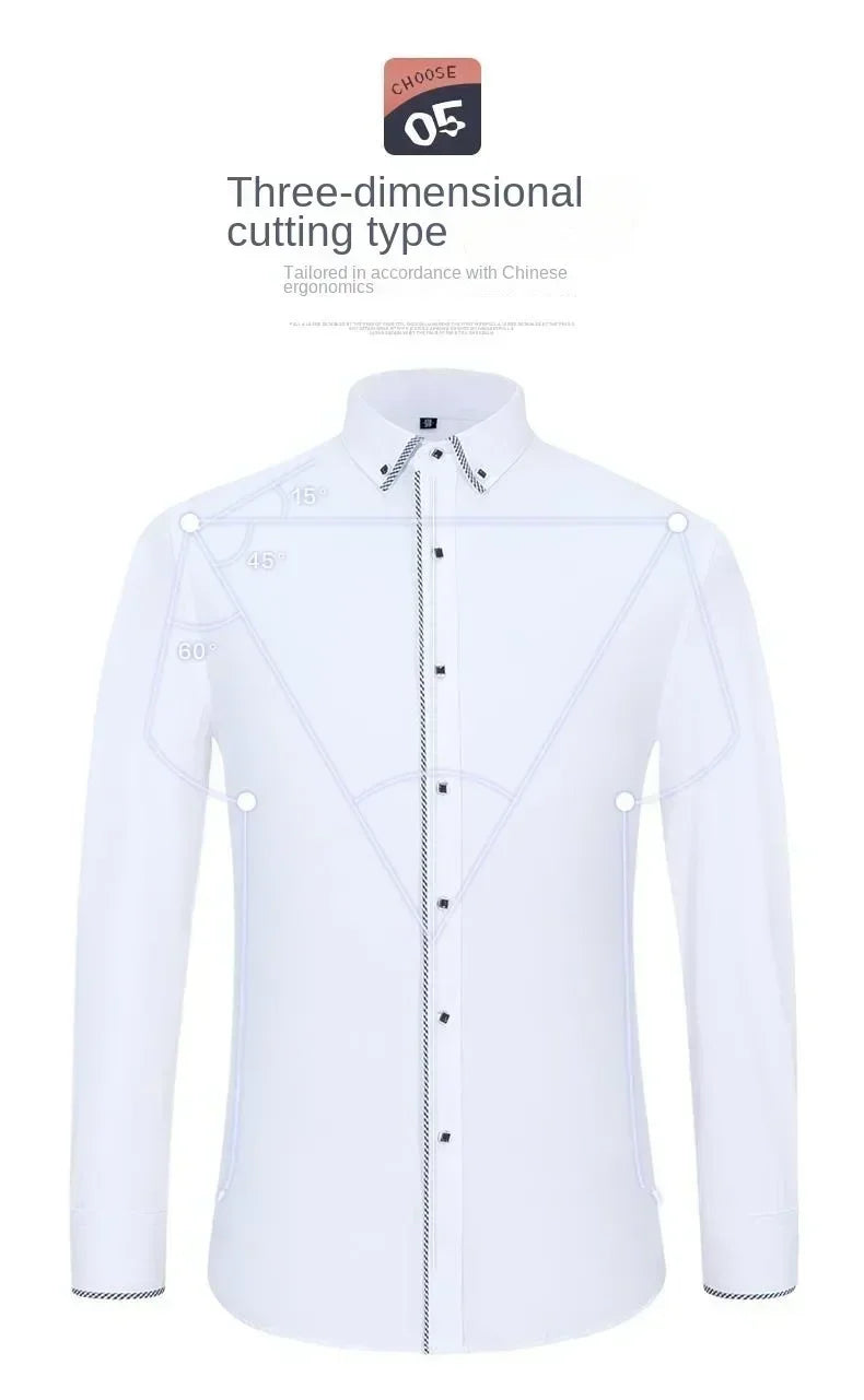 Spring and Autumn Men Dress Shirt Long Sleeve Trim Business Casual Solid Color Shirt Slim Fit White Base Layer Shirt for Male