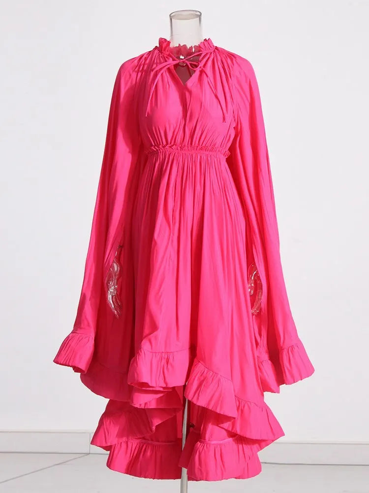 TWOTWINSTYLE Elegant Solid Dresses For Women V Neck Cloak Sleeves High Waist Spliced Lace Up Ruffles Pleated Dress Female Summer