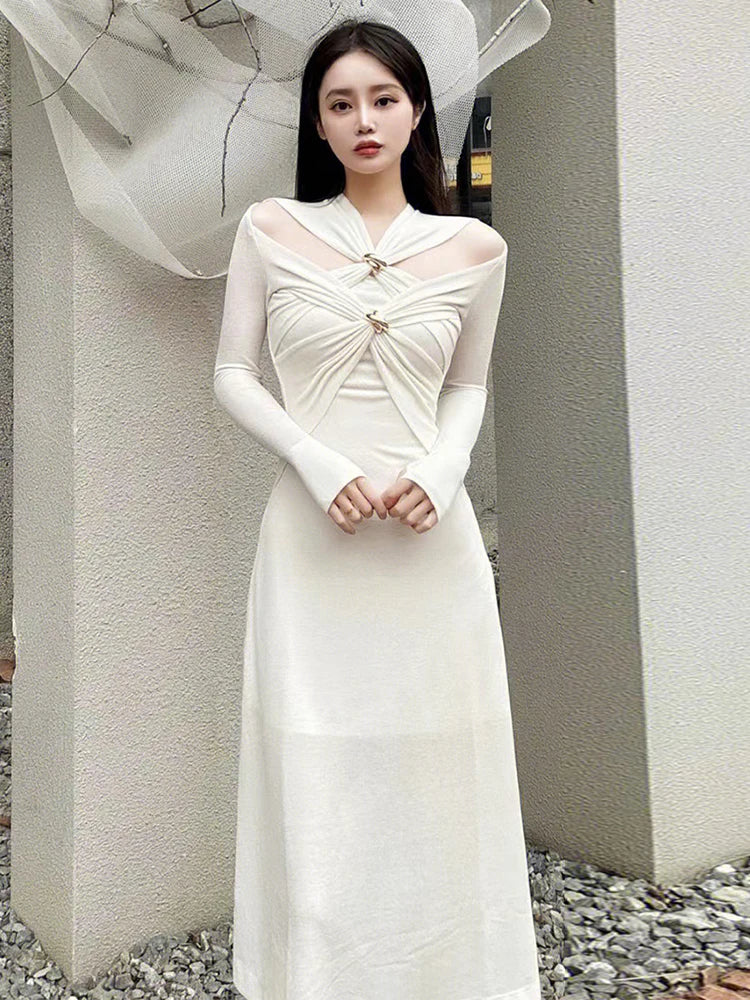 TWOTWINSTYLE Knitting White Dresses For Women V Neck Long Sleeve High Waist Hollow Out Slim Dress Female Summer 2023 Clothing