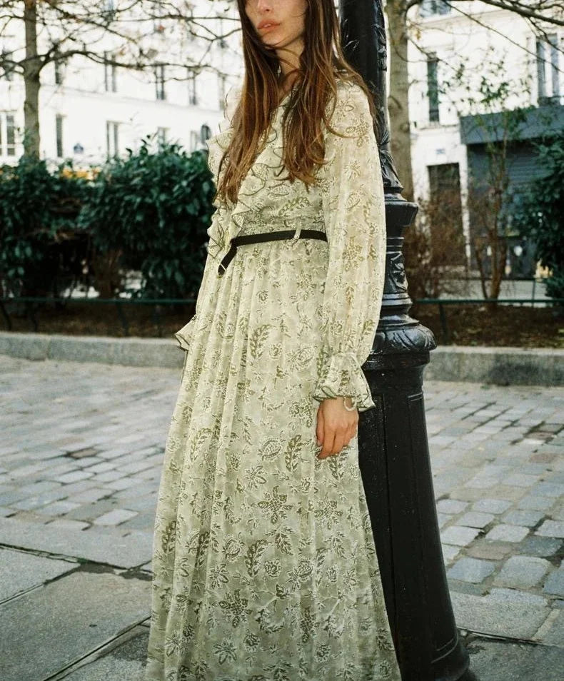 2025 New Spring Womens Dress Flower Printed Long Dresses For Women Long Sleeve Belt Midi Dress Ladies Elegant Party Dresses