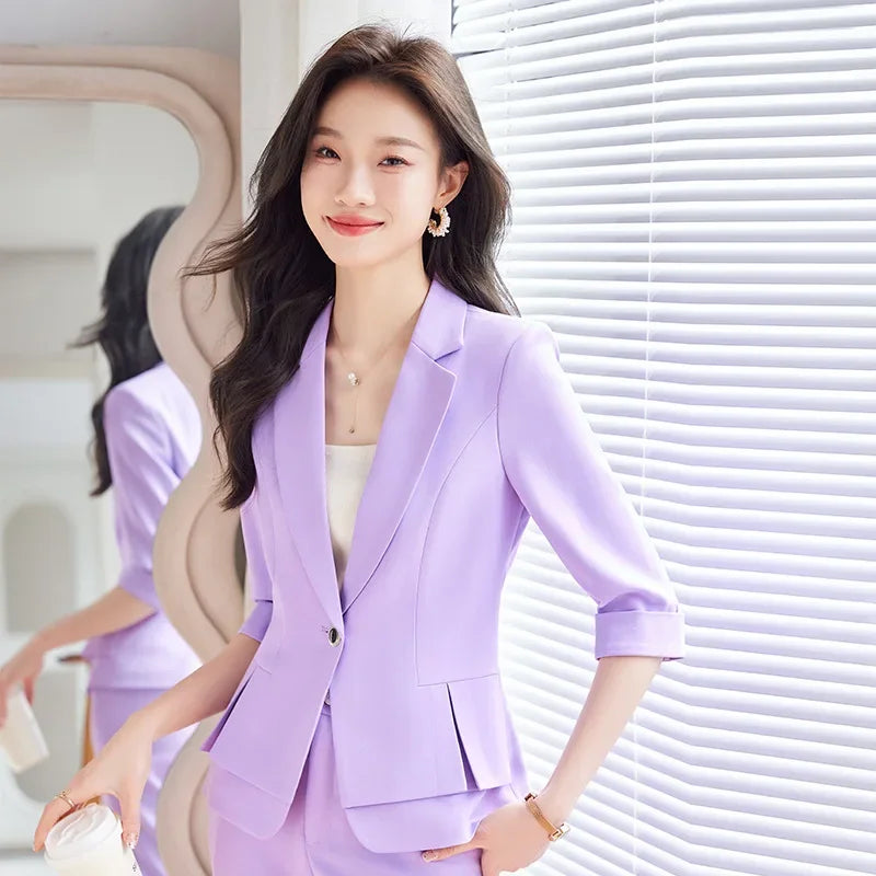 2024 Summer New Women's Petite Casual Seven-Half Sleeve Professional Workwear Purple Thin Suit Jacket Pants Set