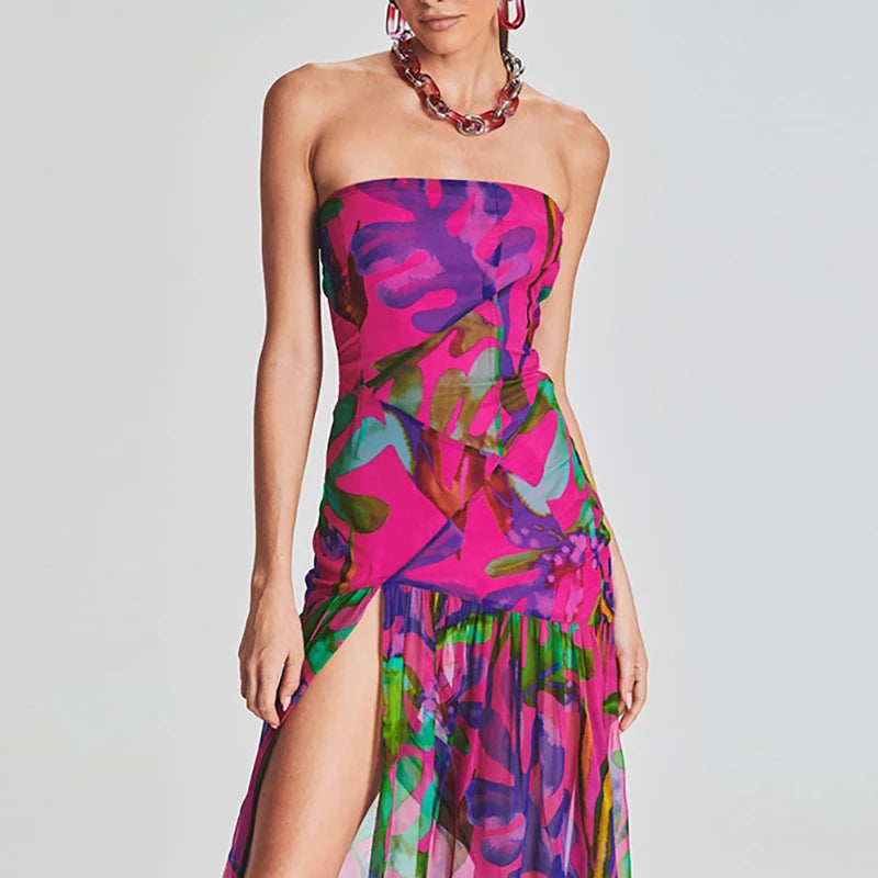 Women's Trendy Printed French Dresses Spring Sexy Strapless Split Hem Pleated Dress Summer Off Shoulder Backless Boho Long Dress