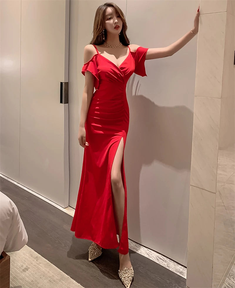 Spring Women Red Evening Party Dresses Short Sleeve V Neck Fit And Flare Long Maxi Summer Dress Lady Prom Gown Robe Longue Femme