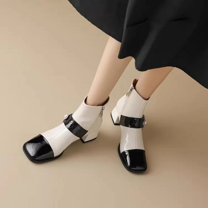 FHC Mixed Colors Ankle Boots,Women's Short Botas,Autumn/Winter Shoes Booties,Square Toe,Pearls,Side Zip,Black,White,Dropship