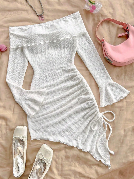 Spring and summer new pure horn long-sleeved hollow-out dress with irregular pleats wrapped buttock dress to show leg length