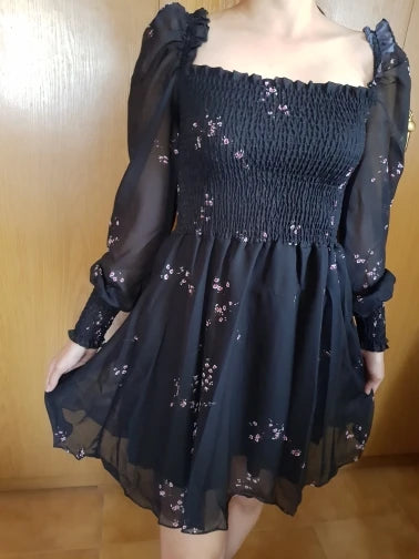 Spring Womens Sexy Black Dress Vintage Flower Long Puff Sleeve Chiffon Dresses Korean Casual Mini Vestidos Mujer Clothes 13676