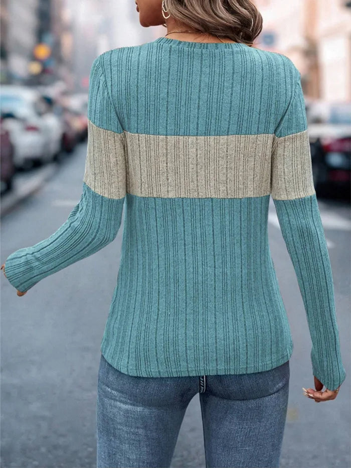 Women Tops Knitted Round Neck Full Sleeve Slim Fit Casual Regular Top Splice Tees Pleated Elegant T Shirts Autumn 2024