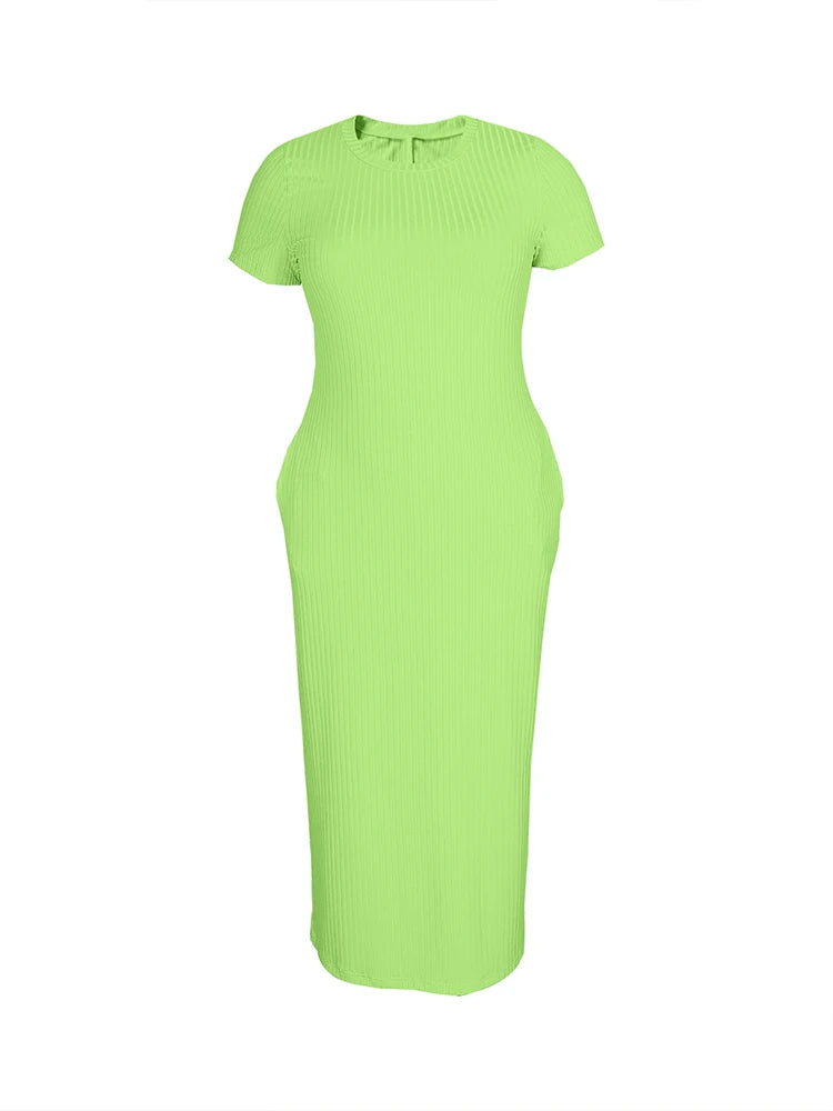 Plus Size 2024 Summer New Round Neck Short Sleeve Slim Hottie Ladies' Stylish Summer Solid Versatile Bodycon Dress