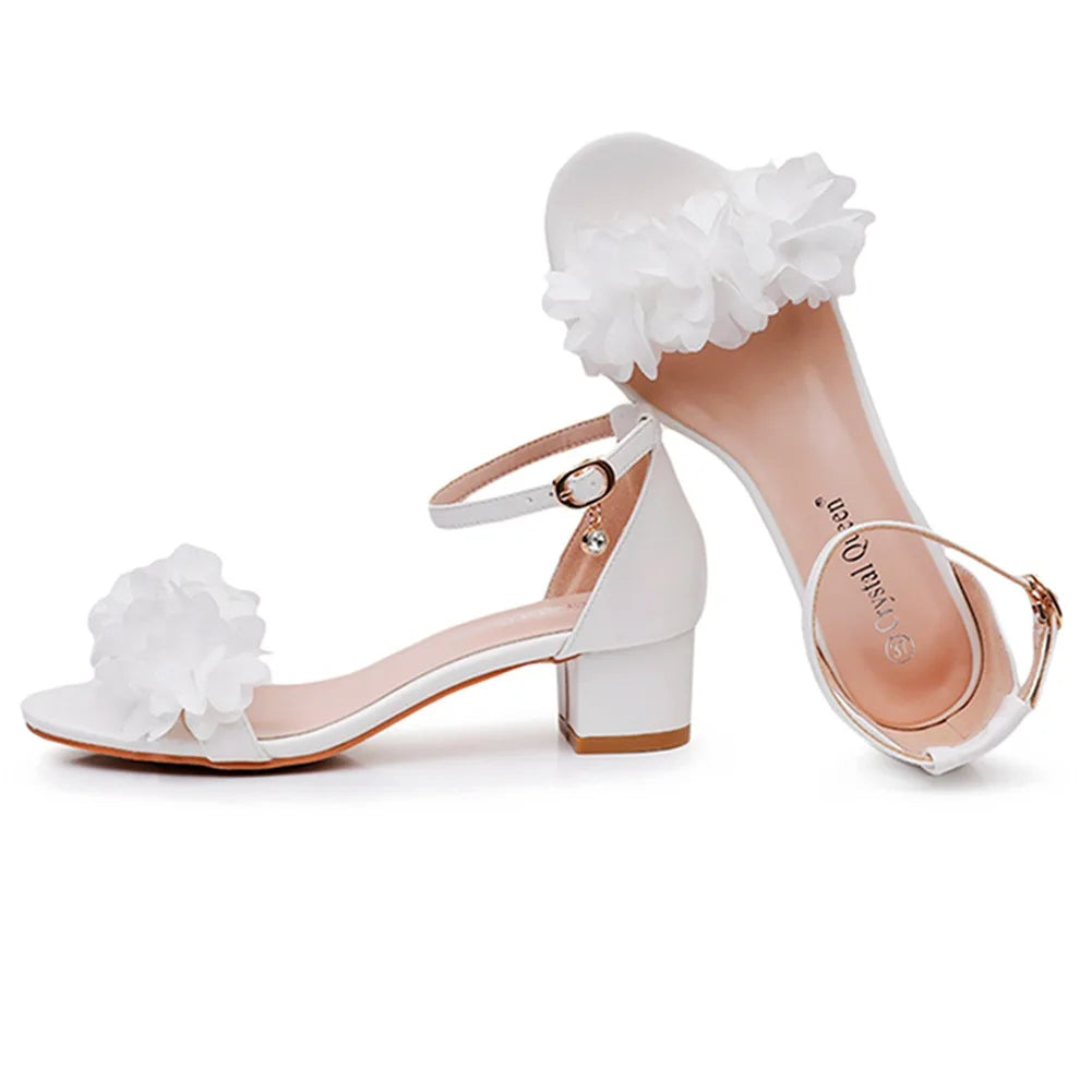 Flower Band Bridesmaide Shoes Woman Wedding High Heels Sandals Ankle Strap Wedges Cover Heeled Tacones Ladies Office Dress Pumps