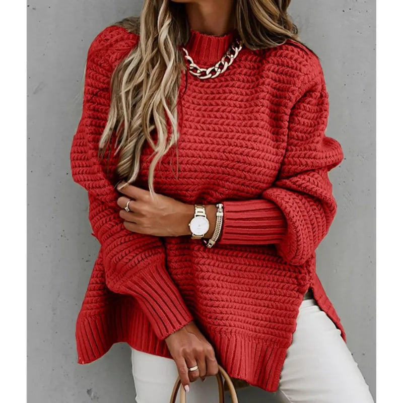 Knit Sweaters Women Half High Collar Full Sleeve Thick Splice Jumpers Solid Casual Split Pullovers Office Lady Elegant 2024