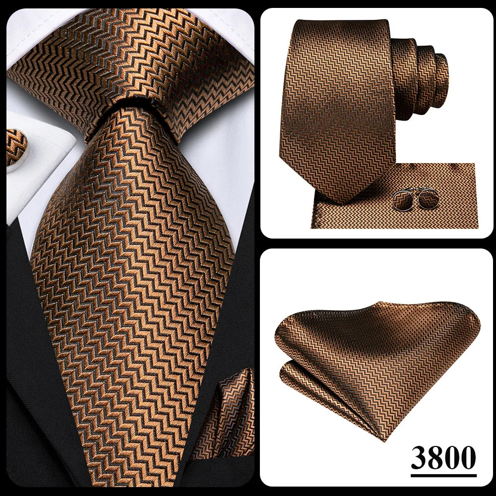 Hi-Tie Paisley Brown Tie For Men Elegant Mens Necktie Pocket Square Cufflink Groom Wedding Accessory Wholesale New Designer