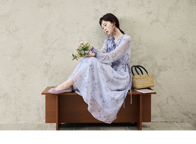 MISHOW Print Spring Summer Dress for Women New 2025 Ruffled V-neck Long Sleeve Blue French Dresses Female Fashion MXE15L2139