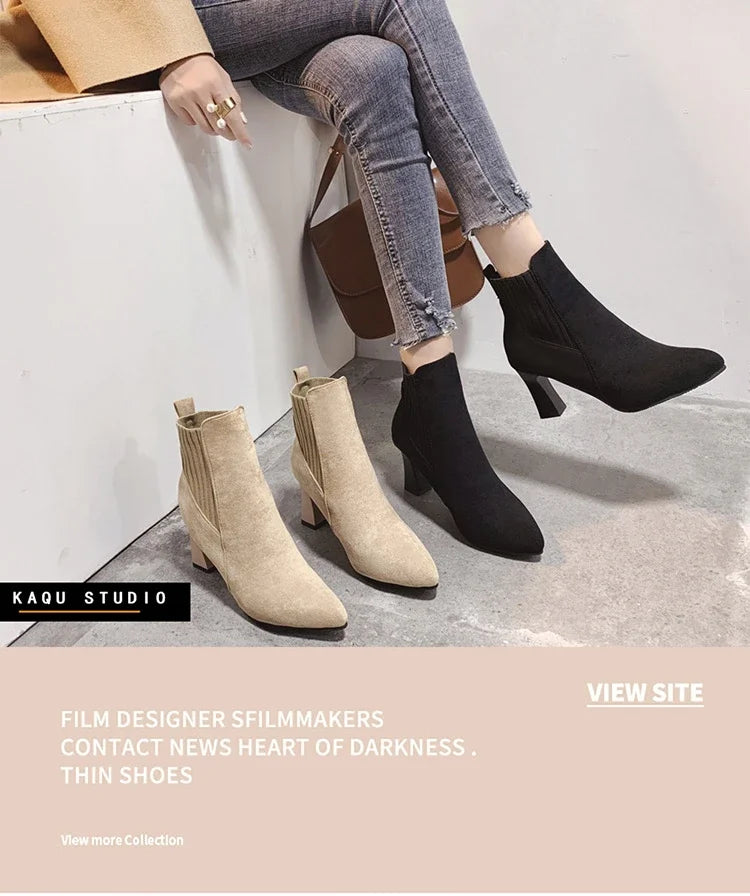 Ankle Boots Women 2024 Autumn Pointed Toe Knitted Warm Elastic Women's Shoes Casual High Heels Platform Boots Botas De Mujer