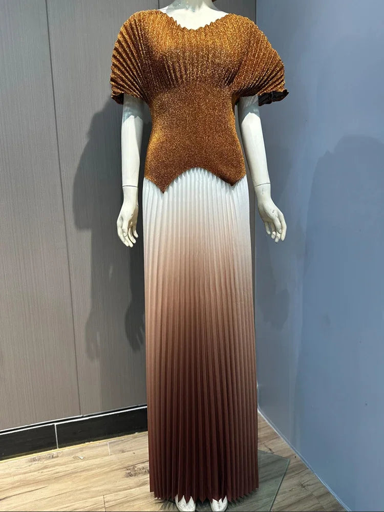 ANLAN Pleated 2 Pieces Set Women Fashion V Neck Short Batwing Sleeves Irregular Hem T-shirt&New Gradient A-line Folds Long Skirt