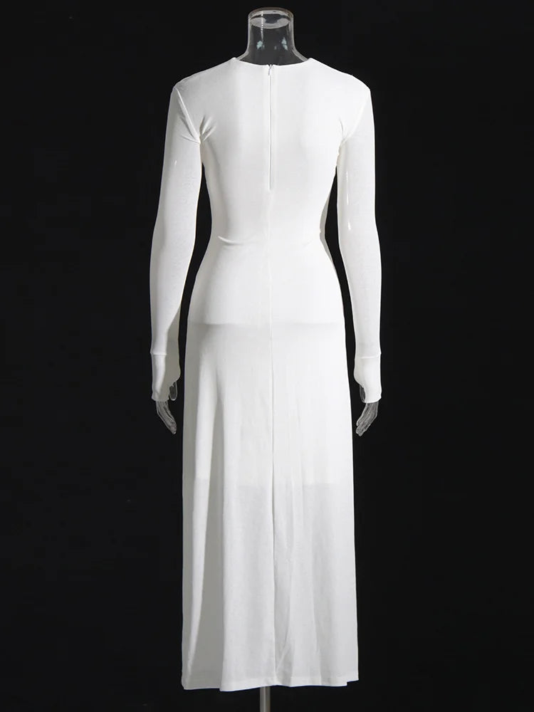 TWOTWINSTYLE Knitting White Dresses For Women V Neck Long Sleeve High Waist Hollow Out Slim Dress Female Summer 2023 Clothing