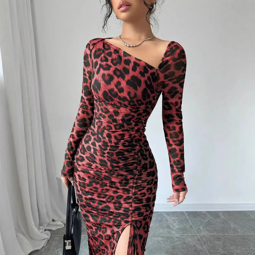 Sexy Leopard Print Women's Dresses Fashion Ruffled Sexy Slit Party Dress For Women Spring Summer Bodycon Package hip Vestidos