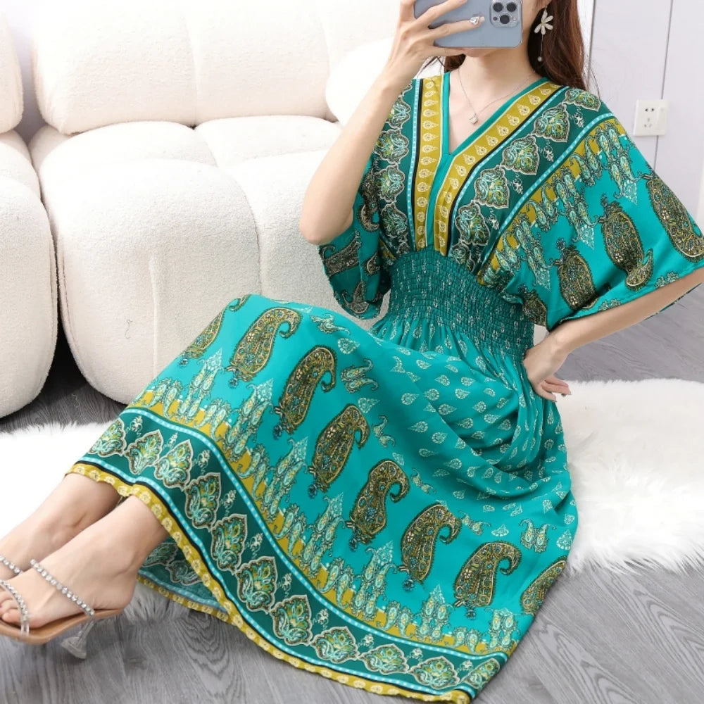 Spring New In Women's Dress V-Neck Short Sleeve Dress Elegant Sweet Print Dress Casual Retro Boho Elastic Waist A-Line Dress