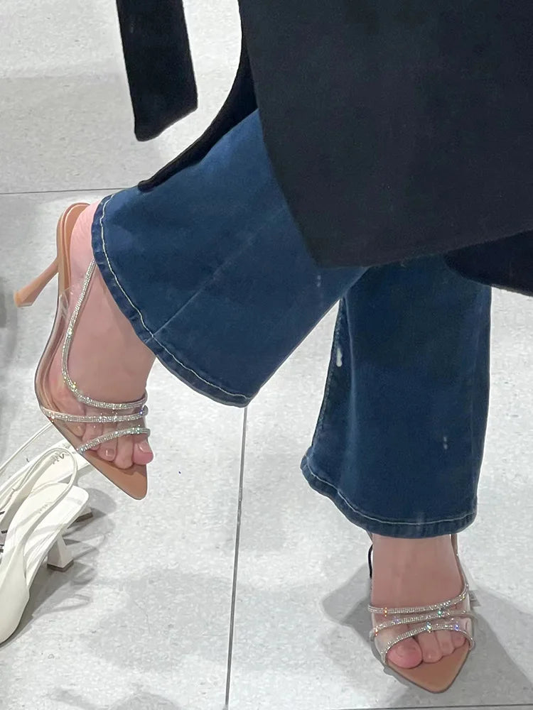 Thin Heel High Heels Women's 2024 Summer New Fairy Style Sexy Shallow Mouth Back Hollow Pointed Water Diamond Open Toe Sandals