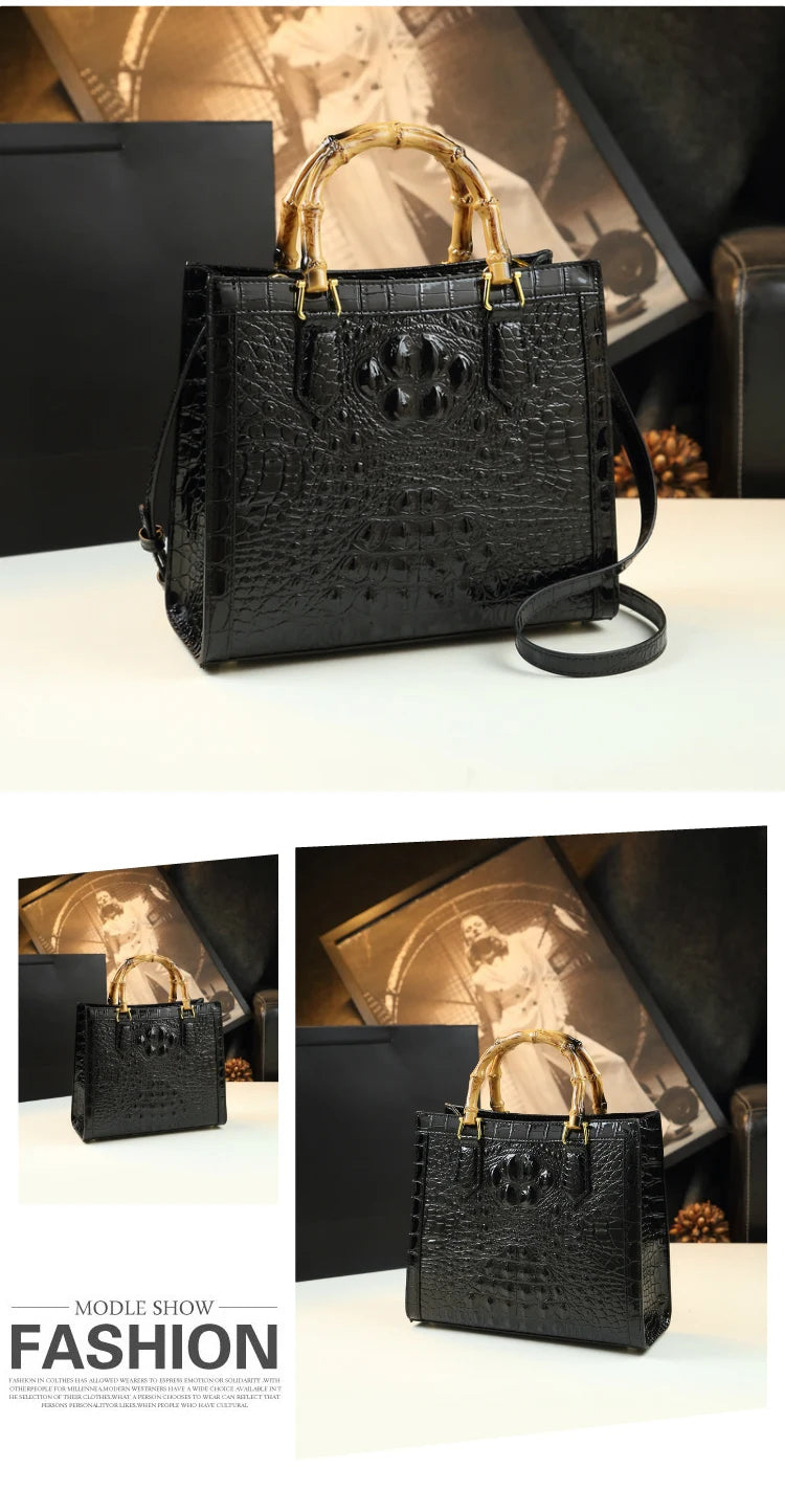 Crocodile Pattern Leather Women's Handbags Bamboo Handle Portable Tote Bag Mom Tide Shoulder Messenger Bags 2025 New Fashion