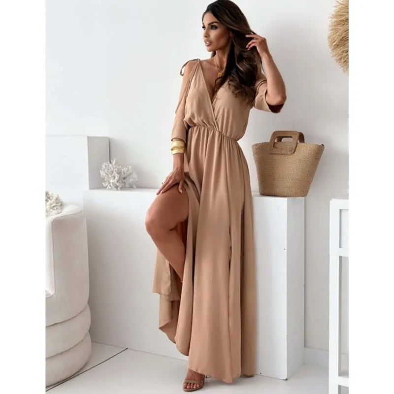 Spring New Women Dress Short Sleeve Elegant Sexy Deep V-neck Hollow Out Solid Color Slit Hem Slim Dresses 2025 Vestidos For Lady