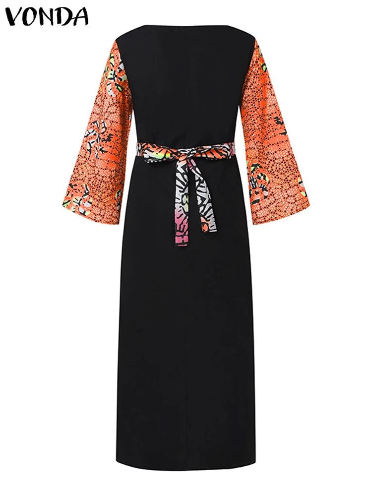 VONDA Women Dresses Bohemian Printed Long Flare Sleeve Vestidos 2024 Causal Sundress Robe Round Neck Loose Robe Oversized