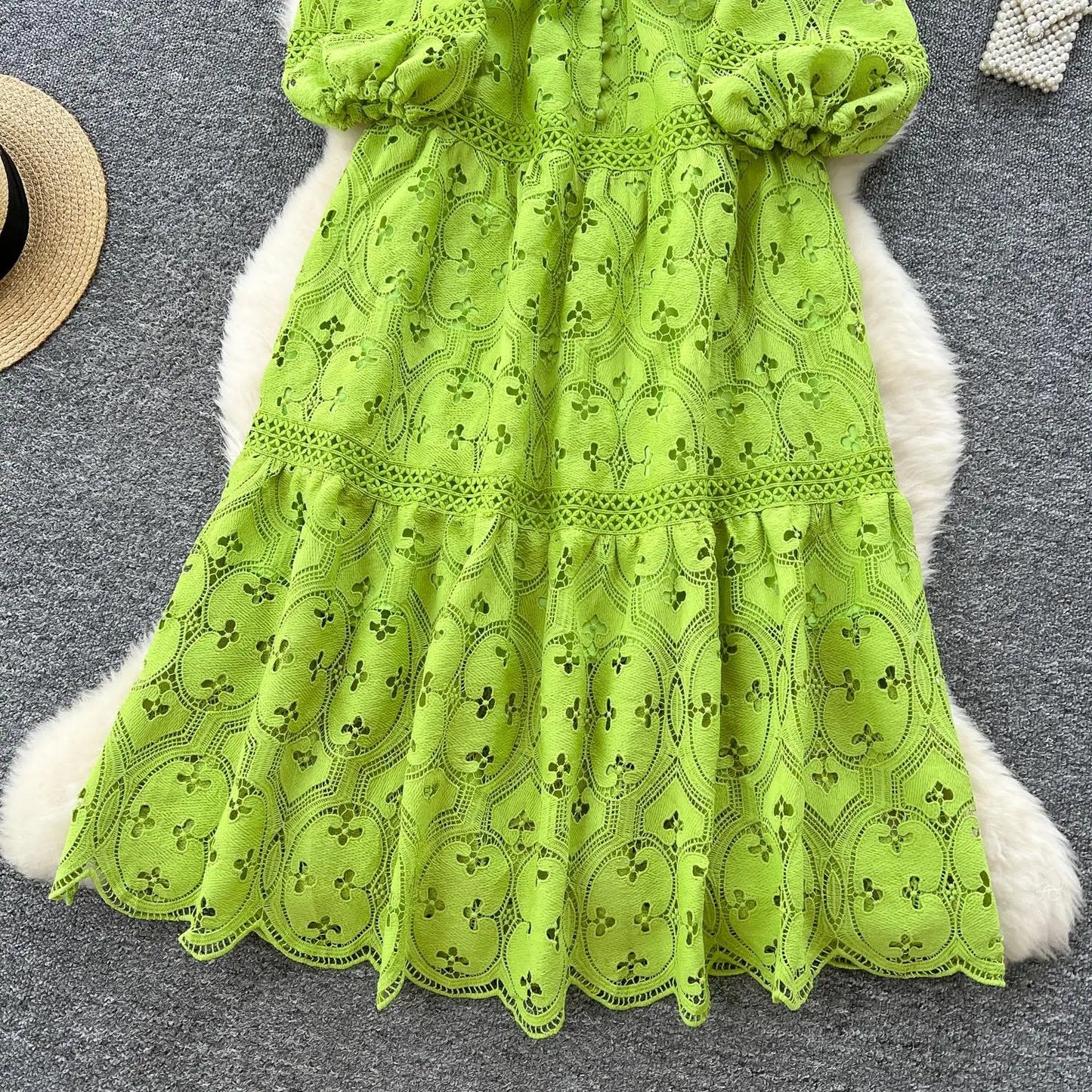 Spring French Vacation Fashion Dress Women Buttons Hook Flower Hollow Out Design 2025 High Quality Lace Ruffles Long Dress
