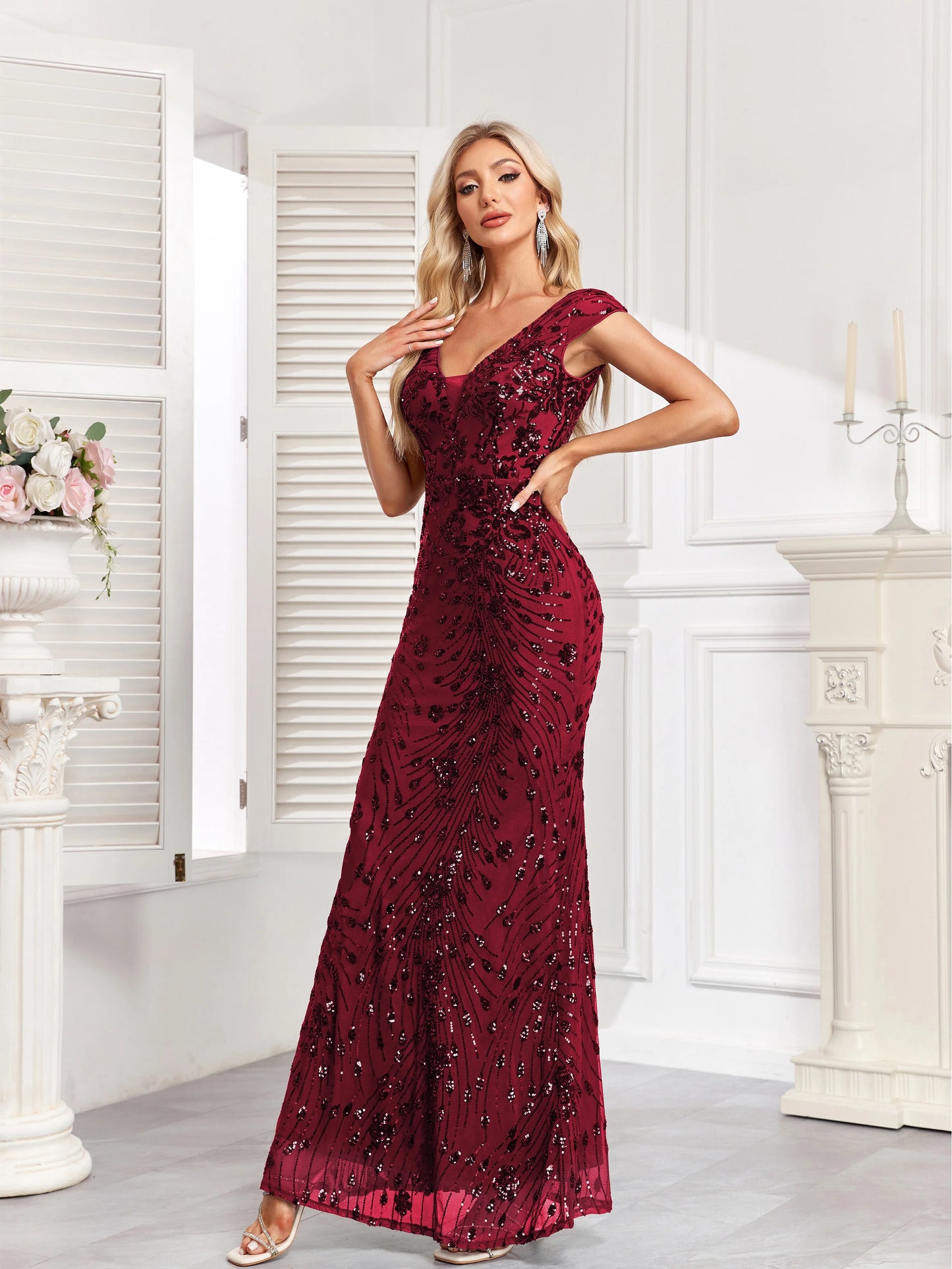 XUIBOL Elegant Champagne Sequin Evening Dress 2024 Women Long Mermaid Formal Deep V-neck Prom Luxury Wedding Party Gowns Dresses