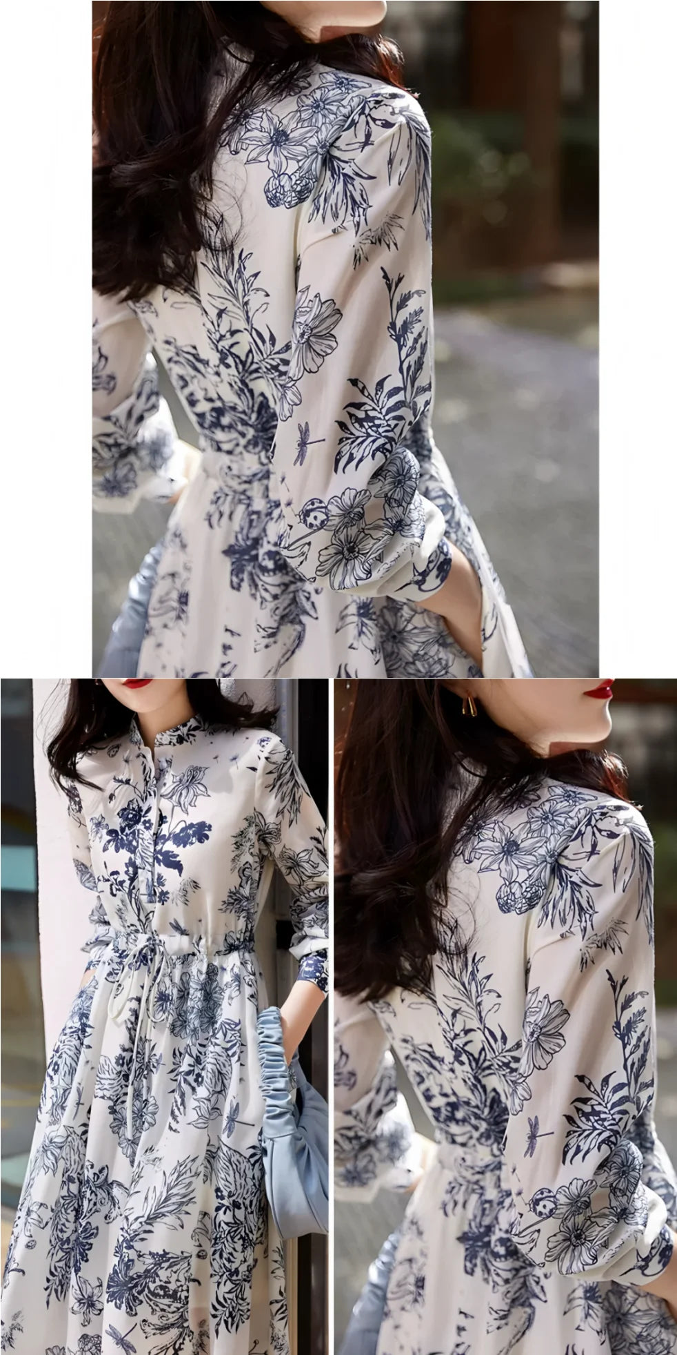 Women's spring and fall vintage print dress interpretation of elegant temperament lace-up slim French long sleeve long skirt