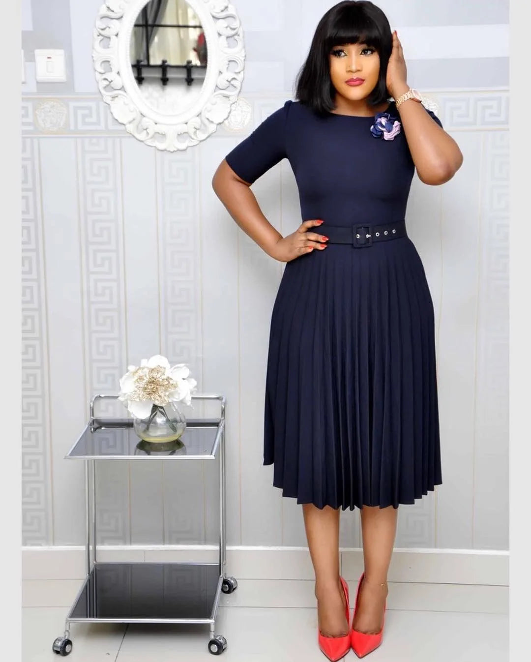 Summer Plus Size Pleated S-5Xl Dress Ladies O-Neck Short Sleeve Solid With Belt Mid-Calf Office Lady Elegant Dresses For Women