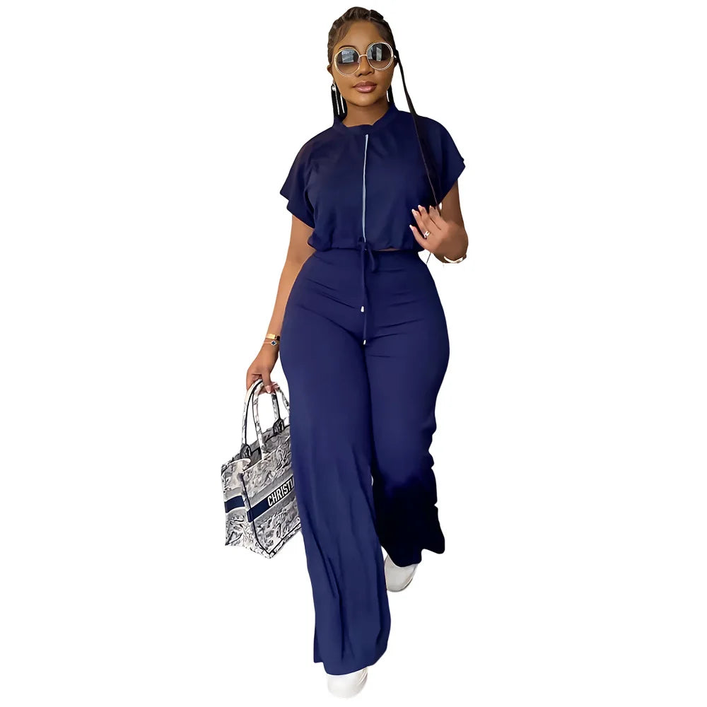 Women Casual Round Neck Drawstring Short Sleeve Top & High Waist Pants Set Summer Solid Two Piece Suit Sets Outfits Set Female