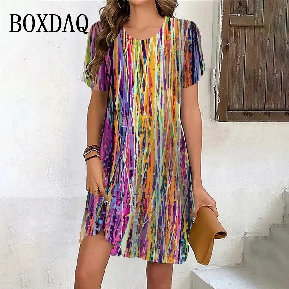 New Summer Fashion Gradient Rainbow Stripe Short Sleeve Dresses For Women 2024 Plus Size Casual O-Neck Print Loose Party Clothes