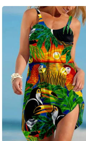 Sunflower Parrot Print Strap Mini Beach Dress Women Boho Summer Sexy Floral Dress Sleeveless Party Evening Dresses Hem Camisole