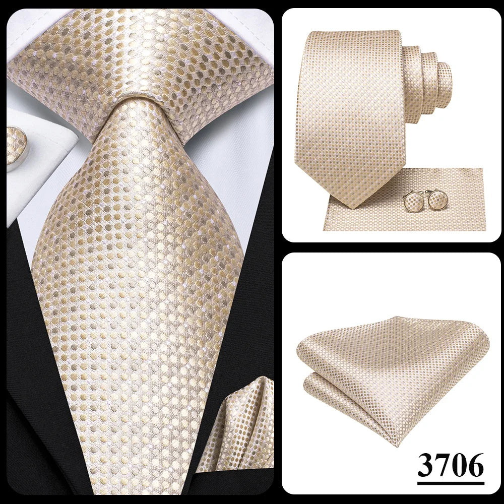 Hi-Tie Champagne Gold-color Silk Mens Elegant Ties Fashion Mens Necktie Pocket Square Cufflinks Set Business Party Wedding