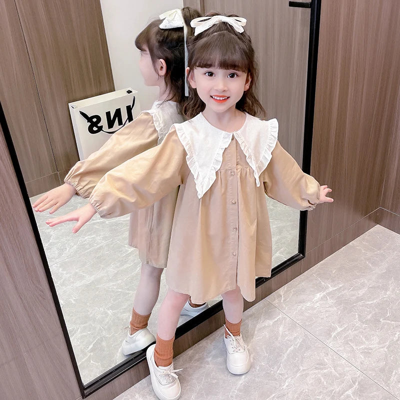 Autumn/Winter Girls' Dress Lapel Lace Lace Pleated Plaid/Solid Color Puffy Sleeve Garden Cotton And Linen Dress (Girls 0-3 Years