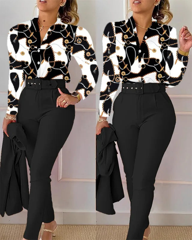 Women's Elegant Autumn/Winter Printed V-Neck Long Sleeve Button Shirt Top Fashion Solid Color Long Pants 2 Piece Set With Belt