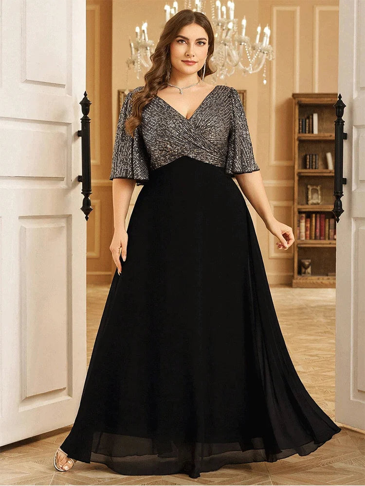 Plus Size V-neck Short Sleeve Black and Silver Sequined Mesh Floor-length Evening Dress 4XL 5XL Big Size Shiny Evening Dress