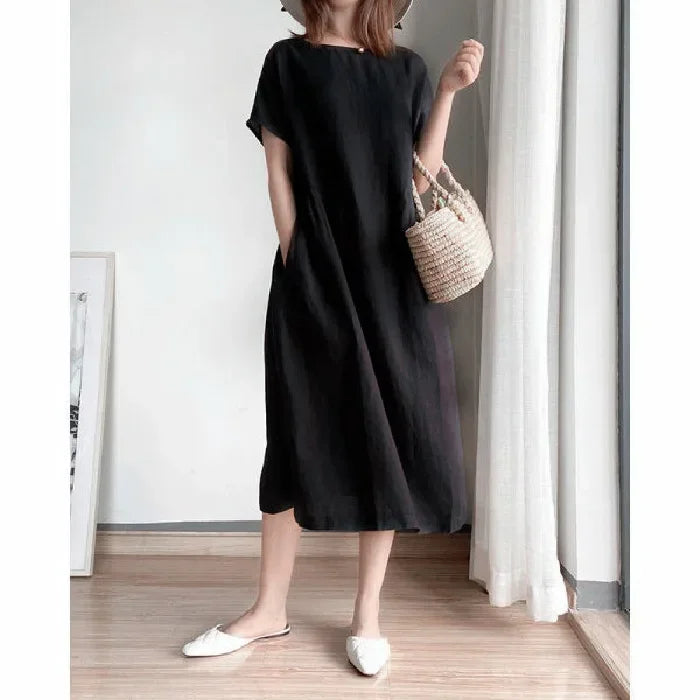 New in Spring Summer Women's Dress Elegant Casual Loose Short Sleeve Tops A-LINE Oversize Solid Midi Dresses for Women Clothing