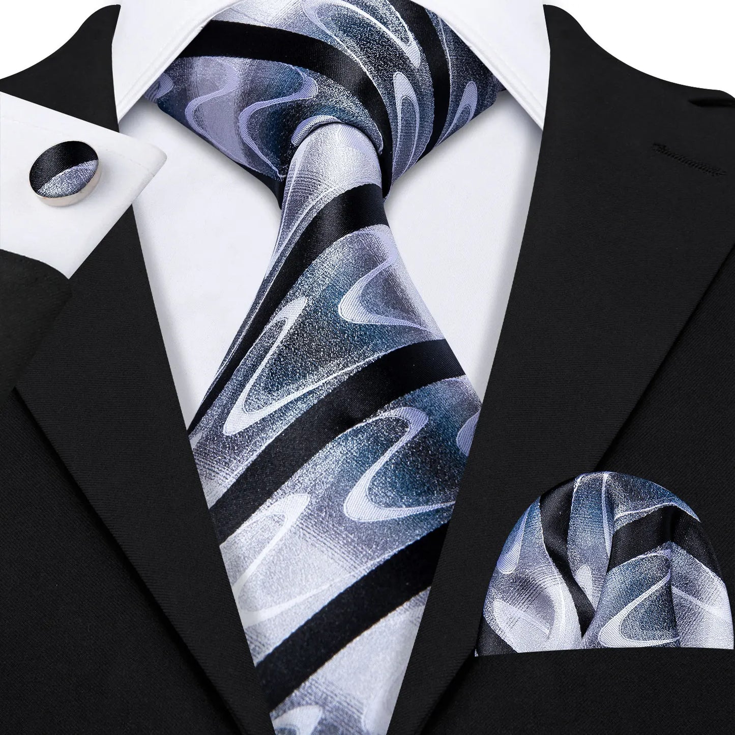 Barry.Wang Black White Gray Silver Silk Men Tie Handkerchief Cufflinks Set Jacquard Necktie for Male Wedding Business Party Gift
