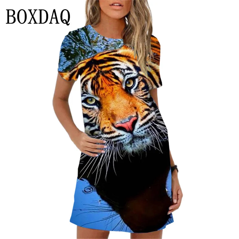 2024 New Spring Women Dresses Fashion Tiger Pattern Printing Short Sleeve Dress Summer Casual Oversized A-Line Mini Dress Womans