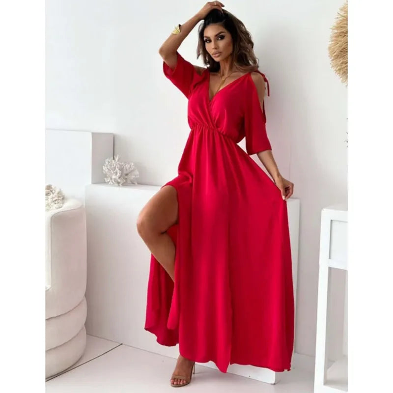 Spring New Women Dress Short Sleeve Elegant Sexy Deep V-neck Hollow Out Solid Color Slit Hem Slim Dresses 2025 Vestidos For Lady