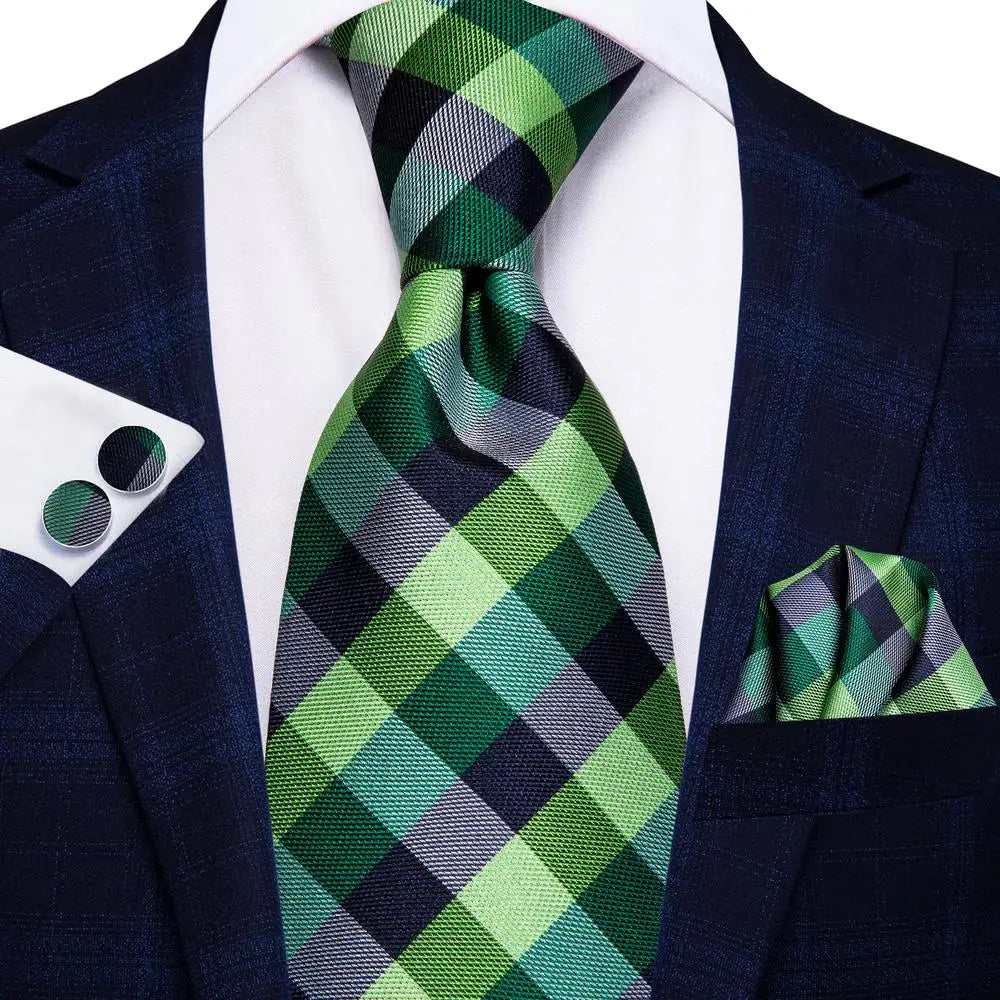 Hi-Tie Designer Silk Wedding Tie For Men Blue White Plaid Handky Cufflink Set Fashion Necktie For Men Business Party Wholesale