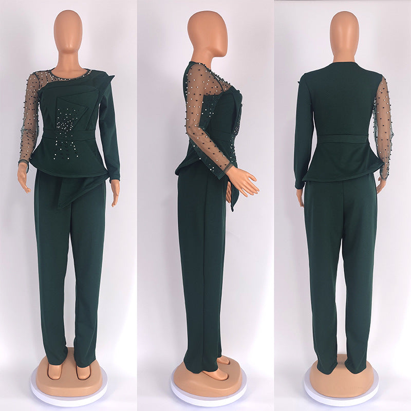 CM.YAYA Vintage Women Beading Mesh Patchwork Ruffles Fan-shaped Blazer Tops and Pants Suit Two 2 Piece Set Outfits Tracksuit