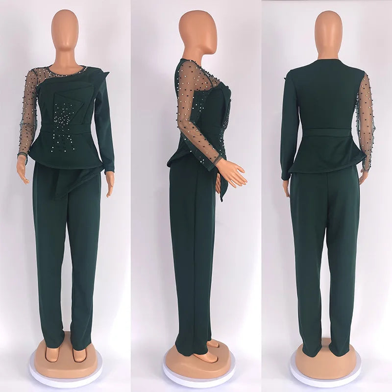 CM.YAYA Vintage Women Beading Mesh Patchwork Ruffles Fan-shaped Blazer Tops and Pants Suit Two 2 Piece Set Outfits Tracksuit